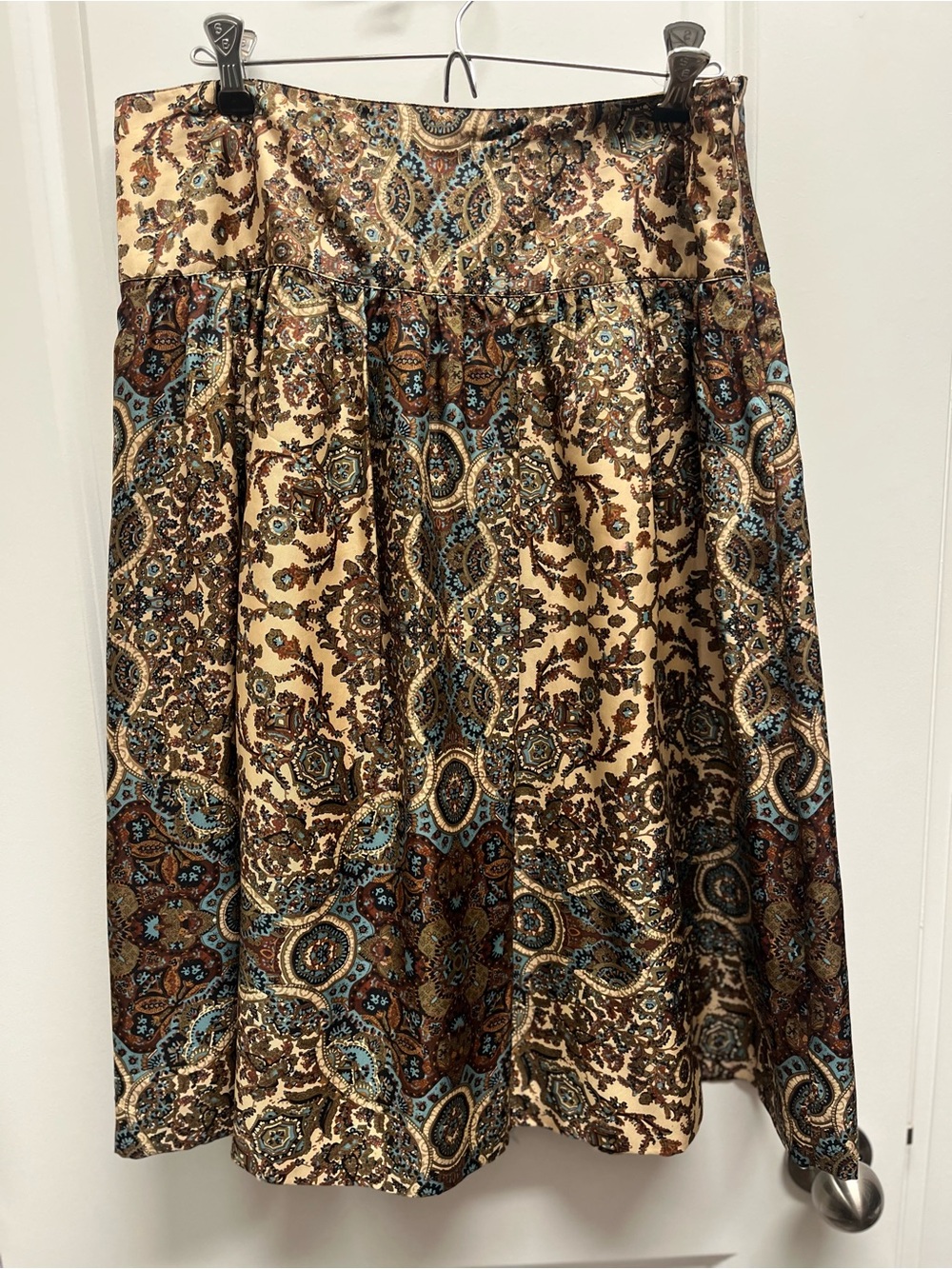 Banana Republic Silk Skirt Size 8 Paisley Print Brown Blue Lined Midi Boho Chic